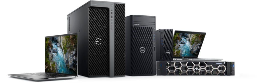 Laptop, two tower workstations, a compact desktop and a rack server photographed together on a white background