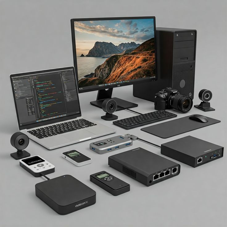Monitors, a desktop tower, laptop, switch, external drives and peripherals laid out together
