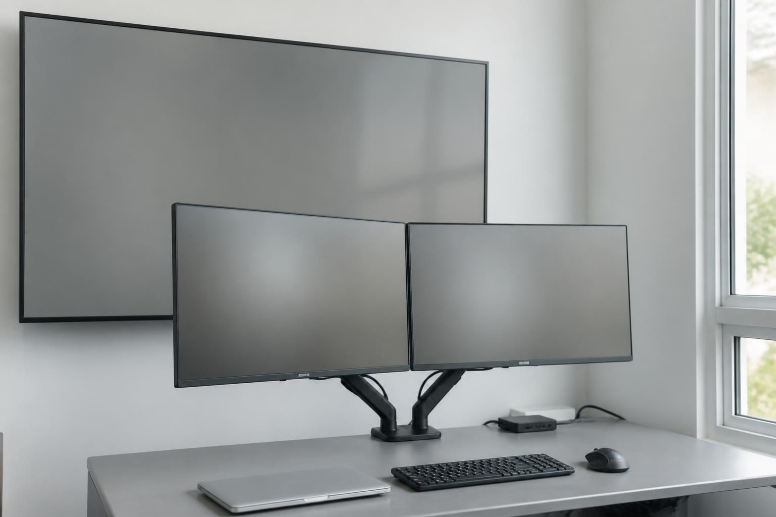 Two 27 inch monitors on a dual arm with a large wall mounted panel behind them