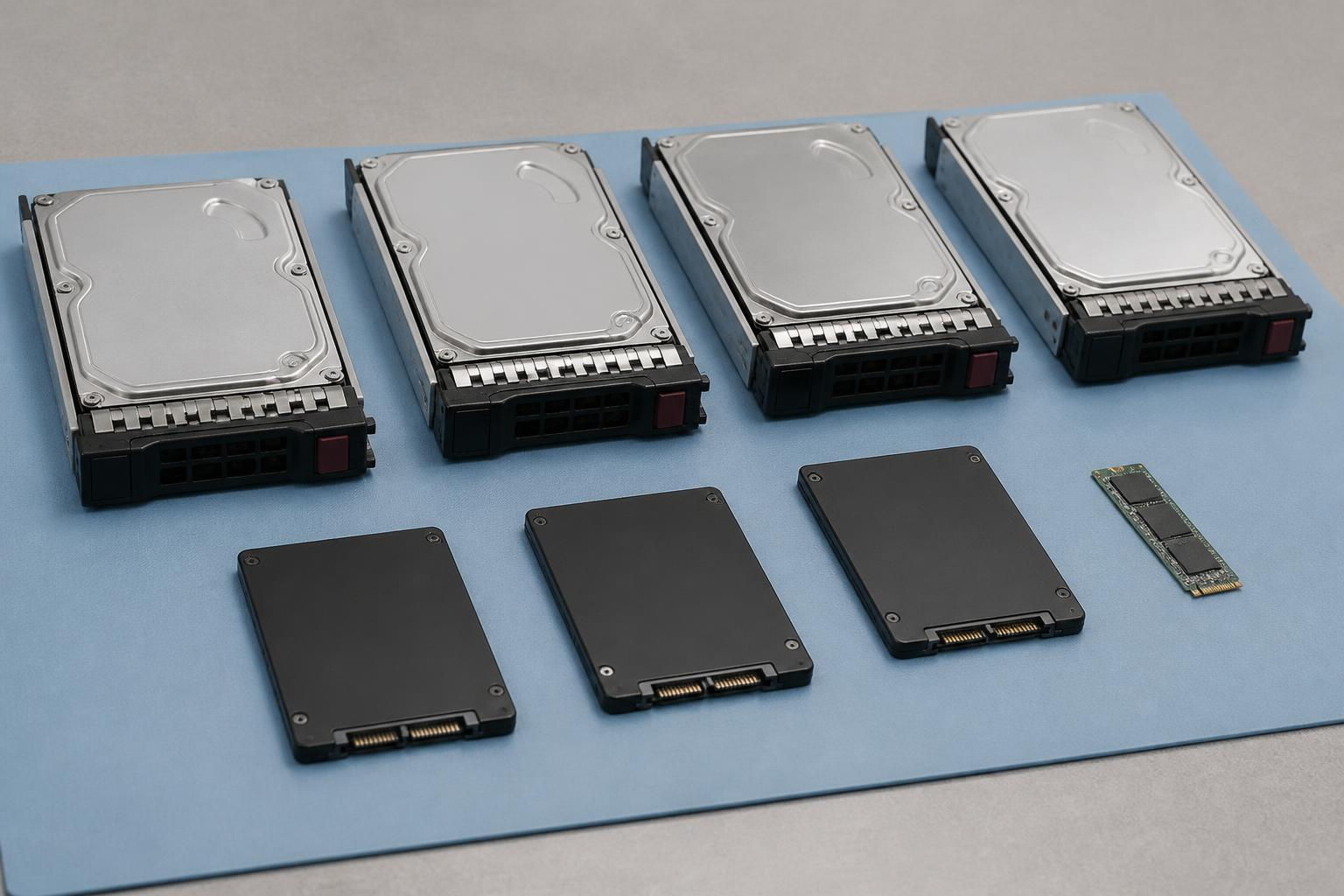 Enterprise hard drives in hot swap caddies beside bare solid state drives and an M.2 module