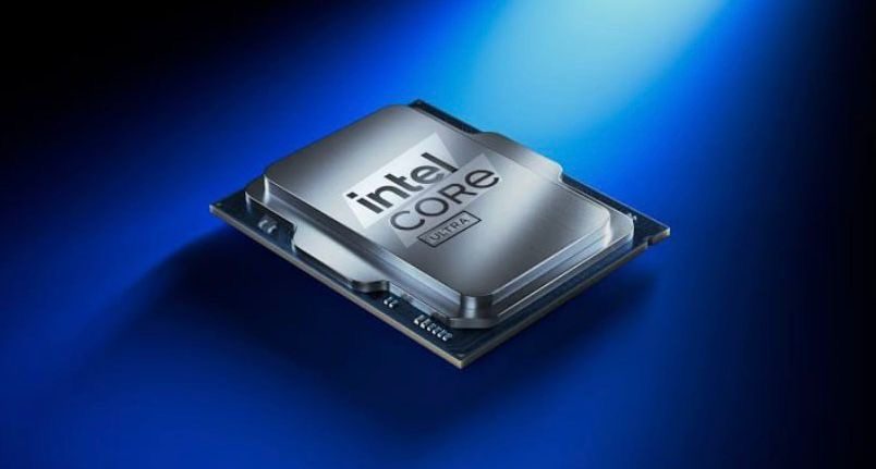 Desktop processor with its metal heat spreader facing up, lit against a deep blue background