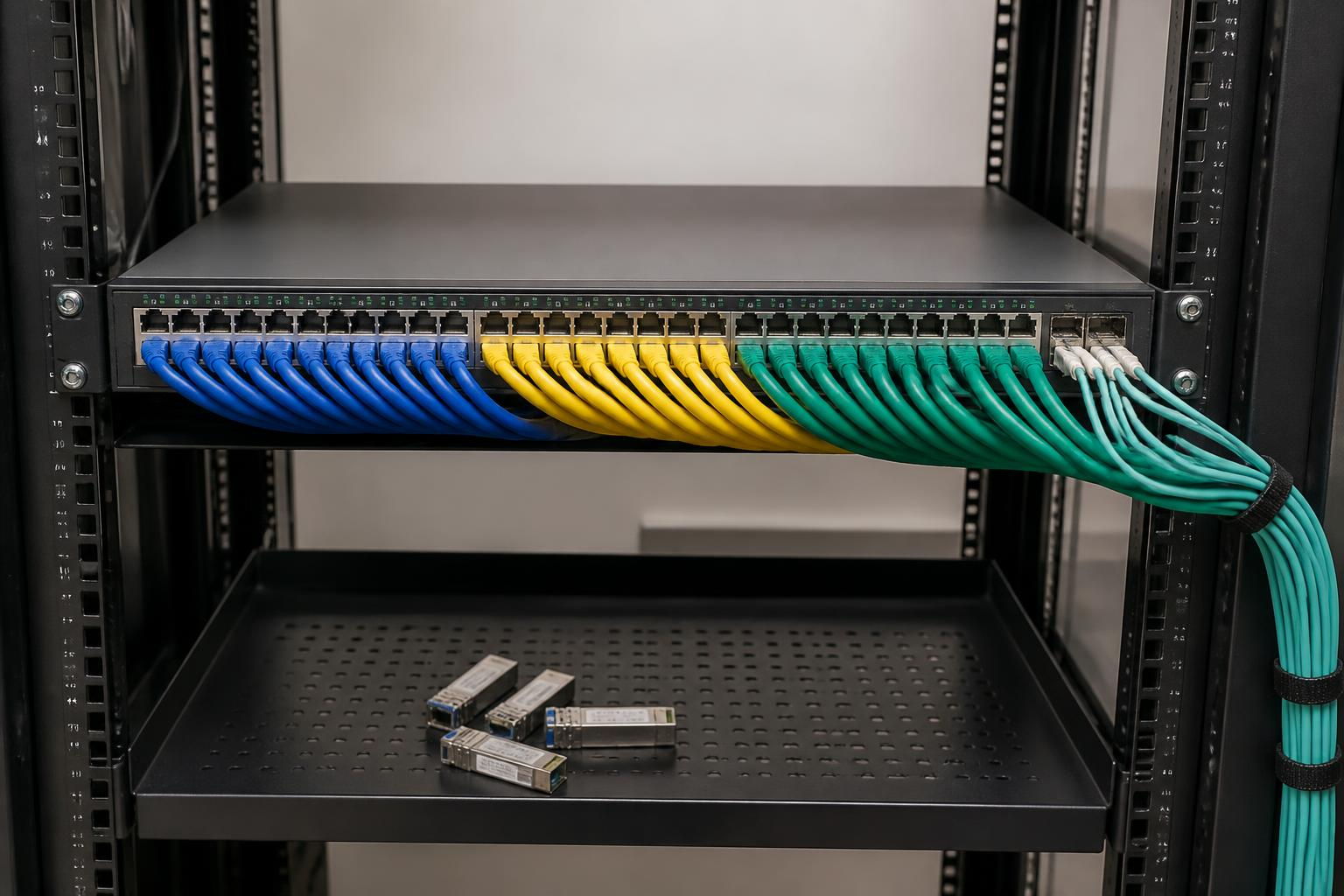 Rack mounted 48 port managed switch with patch cabling and fibre transceivers on the shelf below