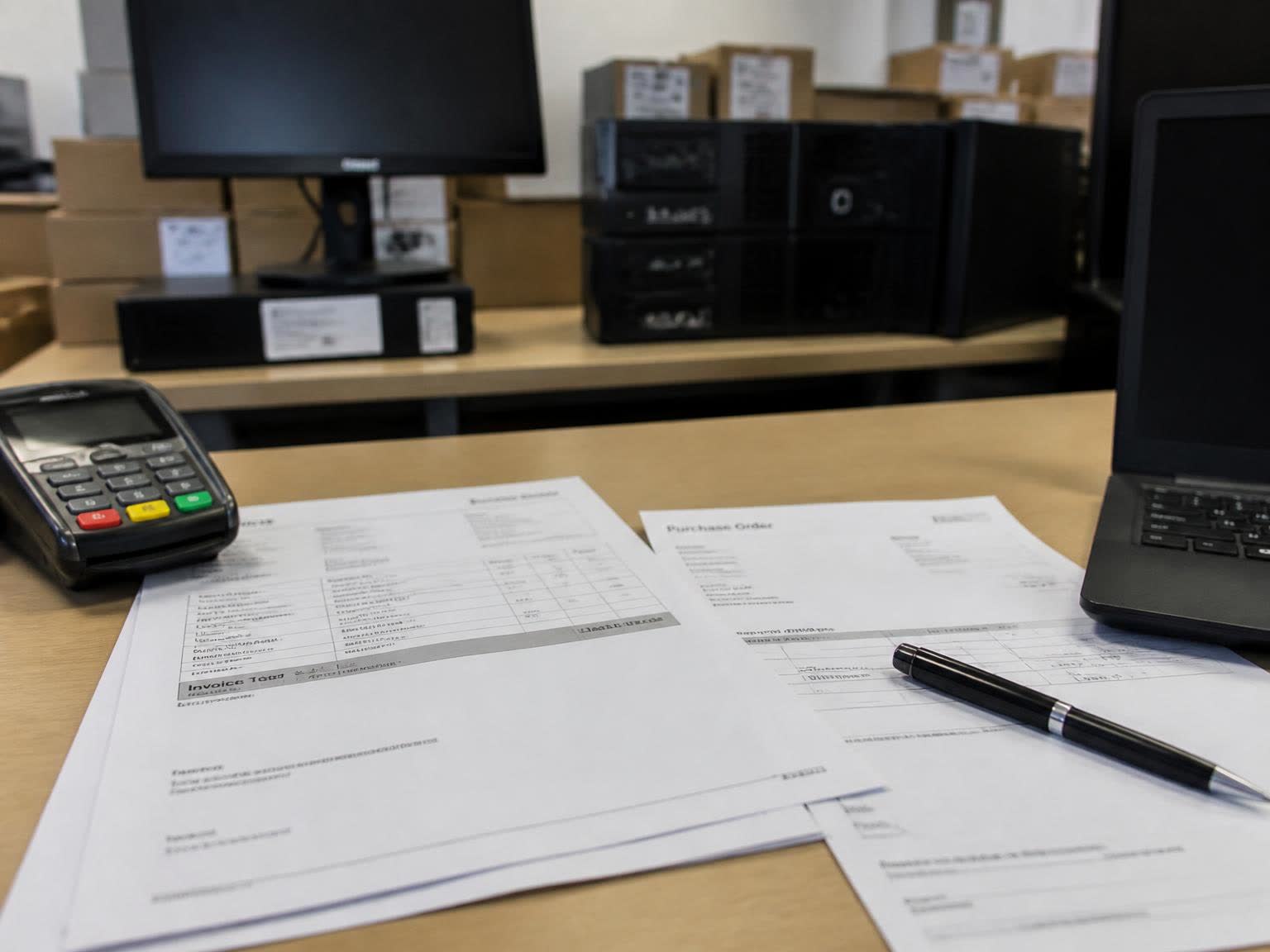 Printed invoice and purchase order on a desk with a card terminal, a laptop and boxed equipment behind