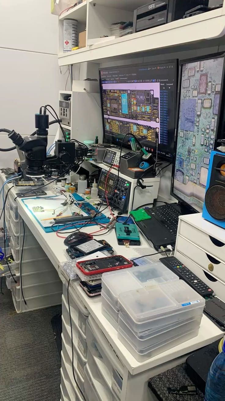 Repair bench with microscope, oscilloscope and boardview diagnostics on screen